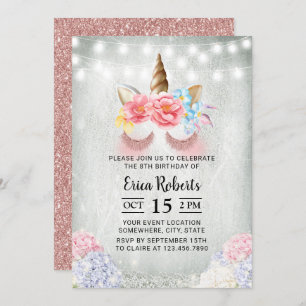 Invitation Unicorn Moderne Rose Parties scintillant d'or Magi