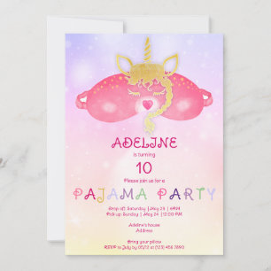 Invitation Unicorn Pajama Girl Sleepover Tween fête d'anniver