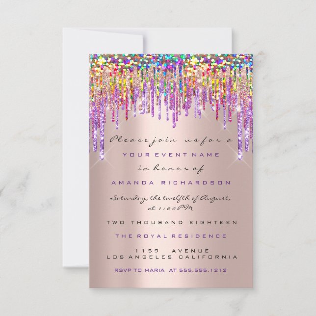 Invitation Unicorn Parties scintillant Drips Rose Gold Bridal (Devant)