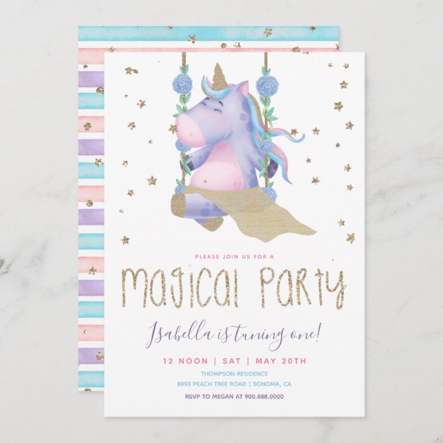 Invitation Unicorn Parties scintillant Magique Fille fête d'a (Devant / Derrière)