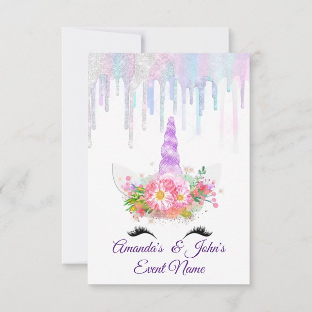 Invitation Unicorn Party 1ème 2ème Bébé Holographe rose viole (Dos)