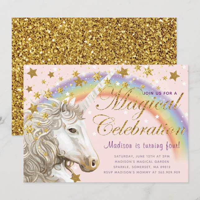 Invitation Unicorn Party Gold Magique Anniversaire (Devant / Derrière)