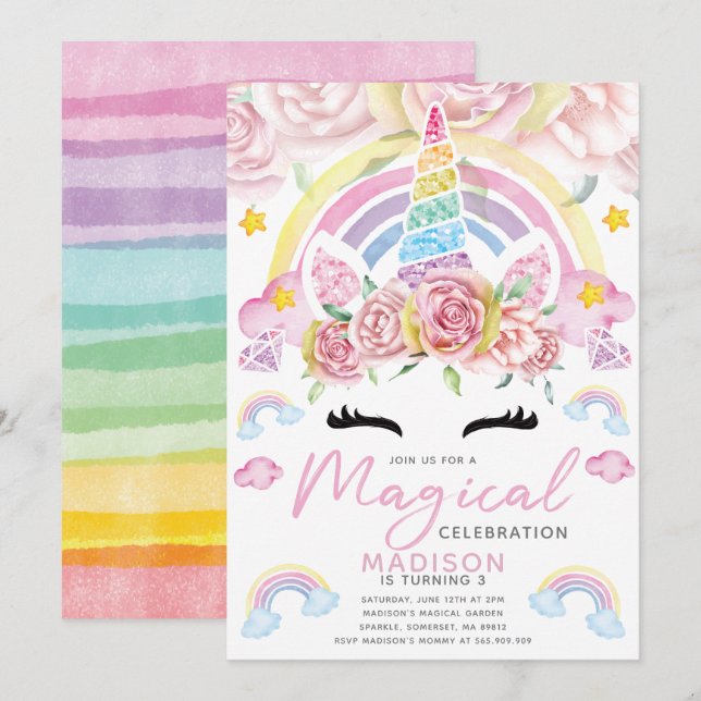 Invitation Unicorn Party Magique Anniversaire (Devant / Derrière)