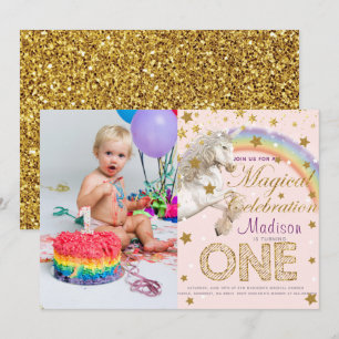 Invitation Unicorn Party Premier anniversaire Photo Gold