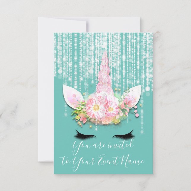 Invitation Unicorn Party rose 1e 2e 16e fête d'anniversaire (Devant)