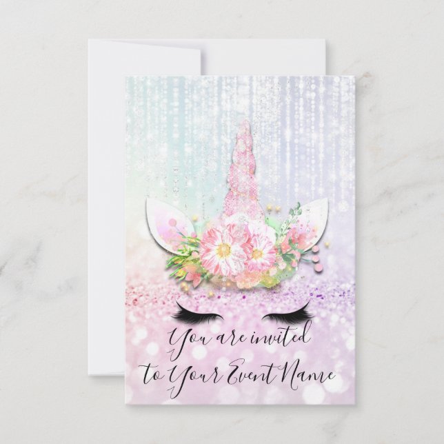 Invitation Unicorn Party rose 1er 2e 3e Parties scintillant a (Devant)