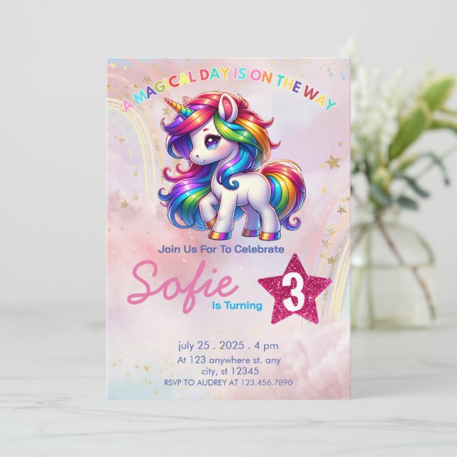 Invitation Unicorn Party Thème Arc-en-ciel 3ème anniversaire (Debout devant)