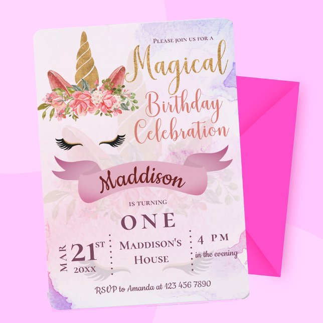 Invitation Unicorn Pastel Floral Enfants Premier anniversaire (Unicorn Pastel Floral Kids First Birthday Party Invitation)