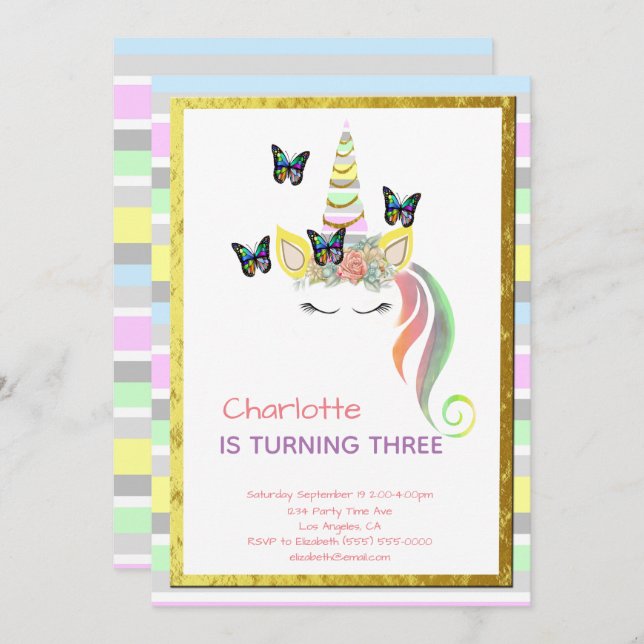 Invitation Unicorn Pastel Rainbow Butterflies Gold Anniversai (Devant / Derrière)