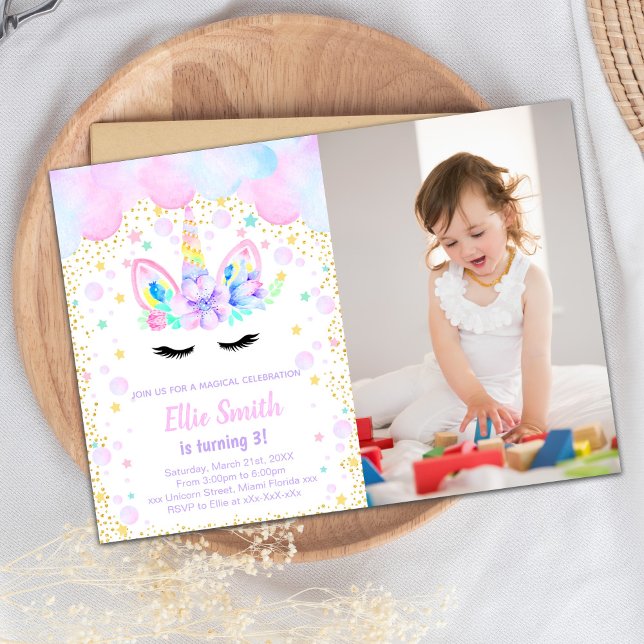 Invitation Unicorn personnalisable (Purple Pink Cloud Unicorn Invitations with photo)