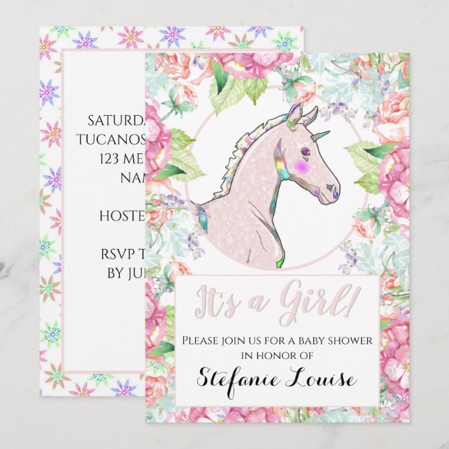 Invitation Unicorn Pink Felt Foal C'est une fille ! (Devant / Derrière)