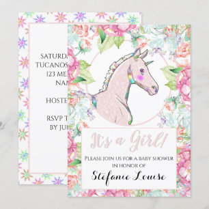 Invitation Unicorn Pink Felt Foal C'est une fille !