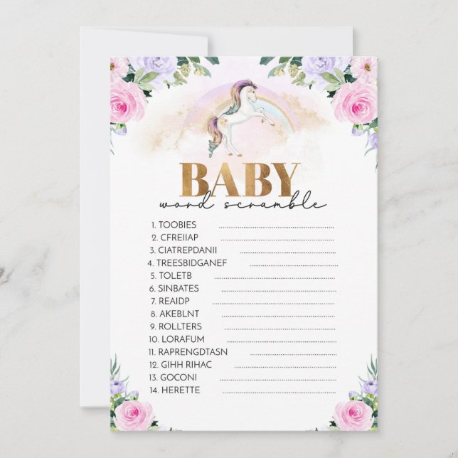 Invitation Unicorn Pink & Gold Baby Shower Word Scramble Game (Devant)