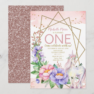 Invitation Unicorn Pink Gold Floral First Birthday
