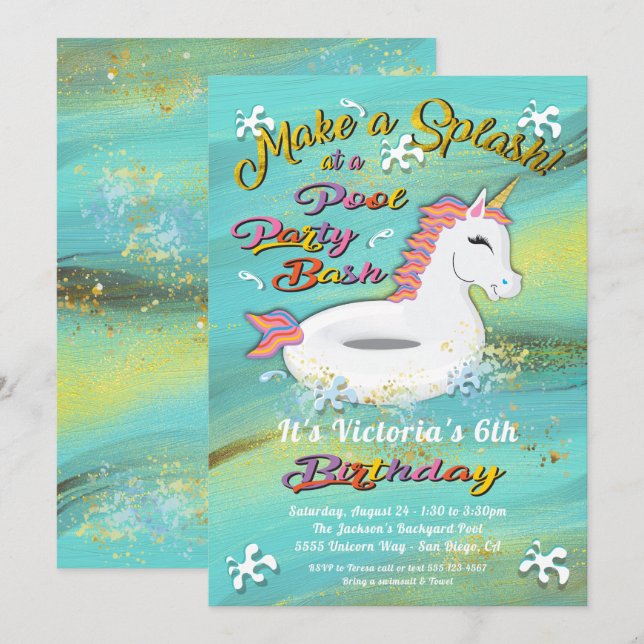 Invitation Unicorn Pool Party Anniversaire Bash (Devant / Derrière)