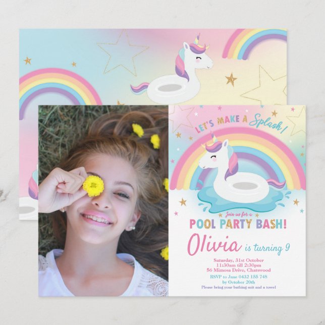 Invitation Unicorn Pool Party Anniversaire Unicorn Floatie Ph (Devant / Derrière)