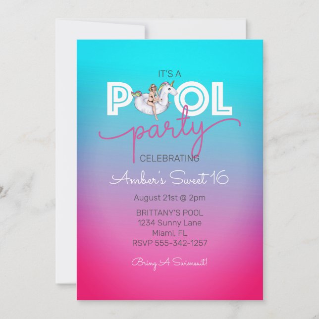Invitation Unicorn Pool Party Summer Sweet 16 Birthday Party (Devant)