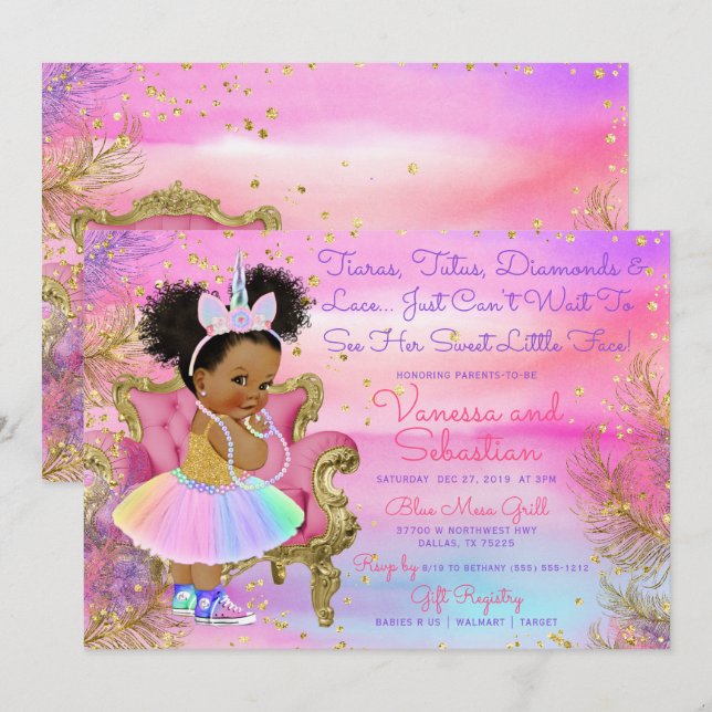 Invitation Unicorn Princess African American Parties scintill (Devant / Derrière)