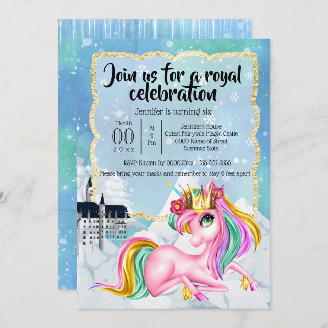 Invitation Unicorn princesse hiver neige château de conte de  (Devant / Derrière)