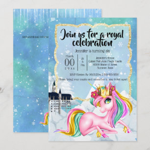 Invitation Unicorn princesse hiver neige château de conte de