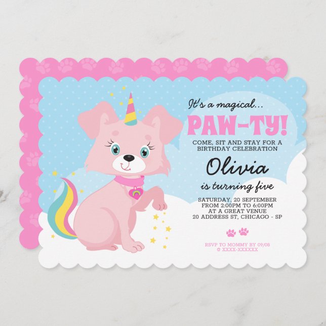 Invitation Unicorn Puppy - Unipuppy Girly Birthday (Devant / Derrière)