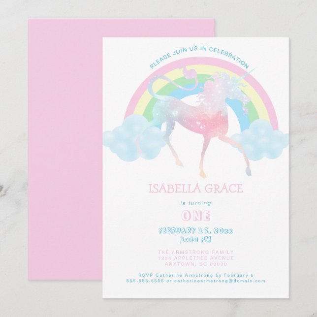 Invitation Unicorn Rainbow Baby Girl 1er anniversaire Invitat (Devant / Derrière)