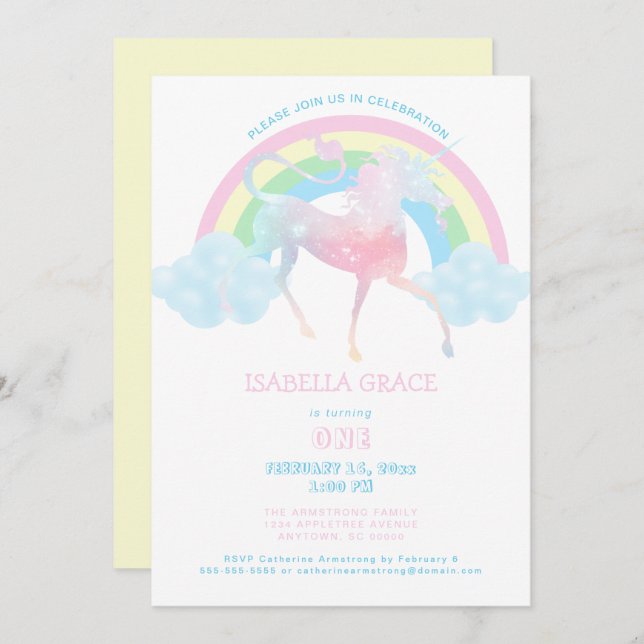 Invitation Unicorn Rainbow Baby Girl 1er anniversaire Invitat (Devant / Derrière)