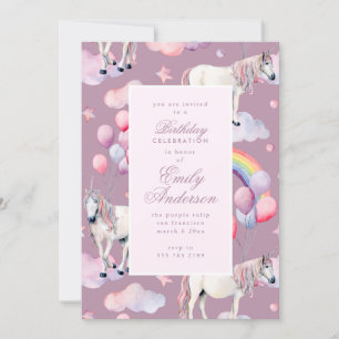 Invitation Unicorn Rainbow Balloons rose fête d'anniversaire