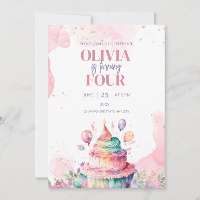 Invitation Unicorn Rainbow Birthday Cake Girls Birthday invit (Devant)