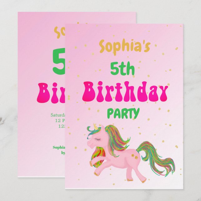 Invitation Unicorn Rainbow Gold Cute Anniversaire (Devant / Derrière)