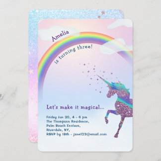 Invitation Unicorn Rainbow Parties scintillant étoiles Annive