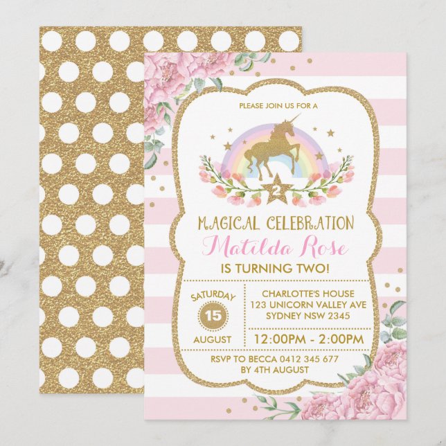 Invitation Unicorn Rainbow Pink Gold Floral Invita (Devant / Derrière)