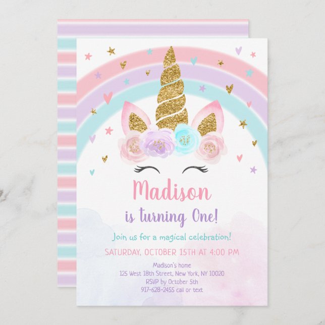 Invitation Unicorn Rainbow Pink Gold Pastel Birthday (Devant / Derrière)