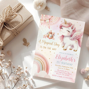 Invitation Unicorn Rainbow Pink Gold Pastel Birthday