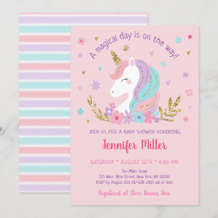 Invitation Unicorn Rainbow Rose Gold Baby shower Floral