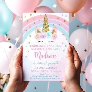 Invitation Unicorn Rainbow Sparkles Gold Anniversaire