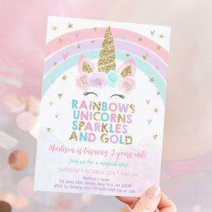 Invitation Unicorn Rainbow Sparkles Gold Anniversaire