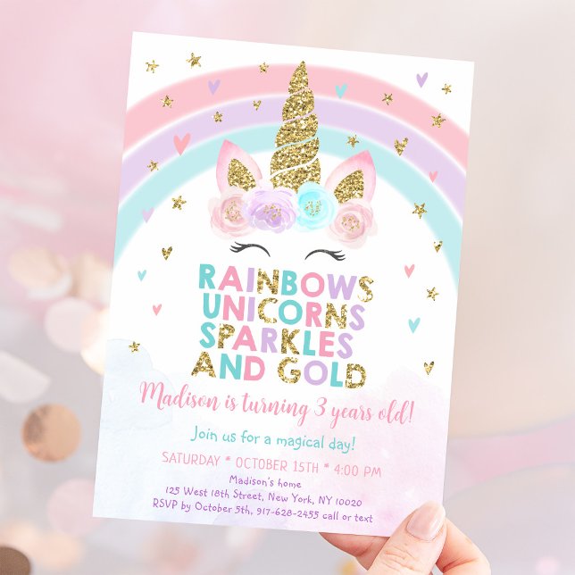 Invitation Unicorn Rainbow Sparkles Gold Anniversaire (Créateur téléchargé)