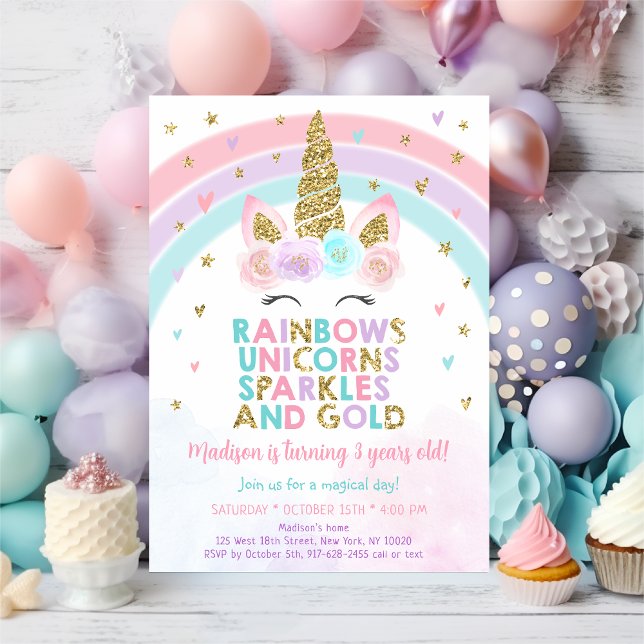 Invitation Unicorn Rainbow Sparkles Gold Anniversaire (Créateur téléchargé)