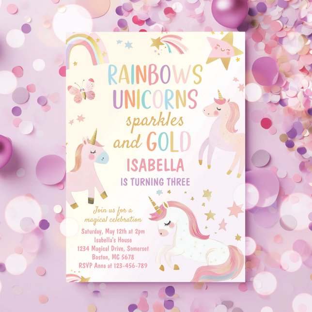 Invitation Unicorn Rainbow Sparkles Gold Anniversaire (Créateur téléchargé)
