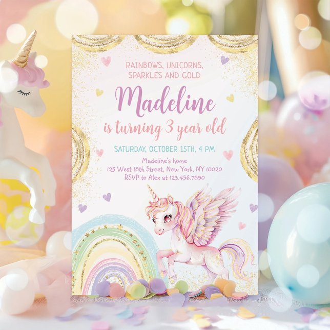 Invitation Unicorn Rainbow Sparkles Gold Anniversaire (Créateur téléchargé)
