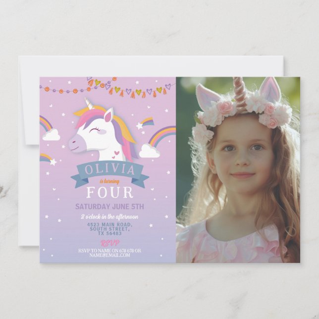 Invitation Unicorn Rainbows Anniversaire Fête Purple Stars Ph (Devant)