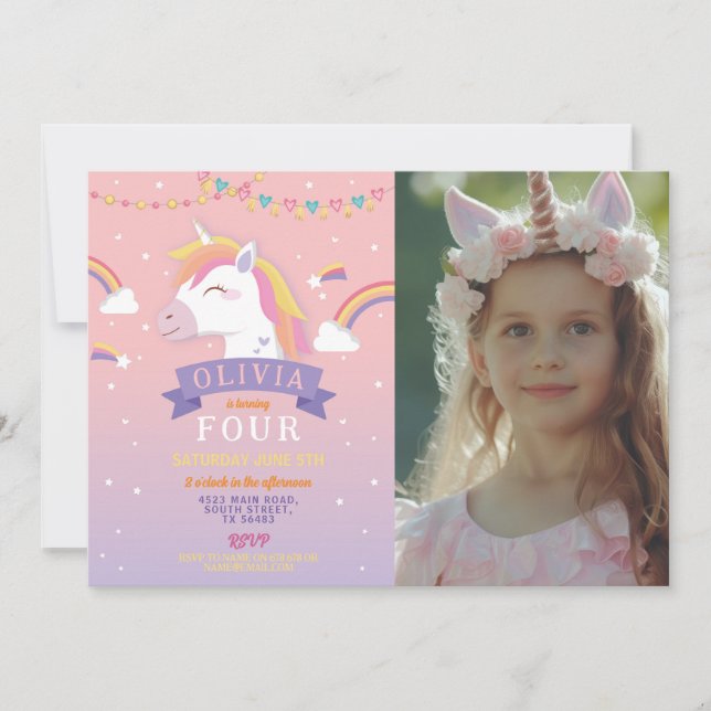 Invitation Unicorn Rainbows Photo Anniversaire Fête Rose Star (Devant)