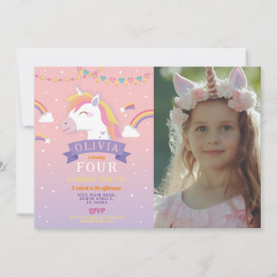 Invitation Unicorn Rainbows Photo Anniversaire Fête Rose Star