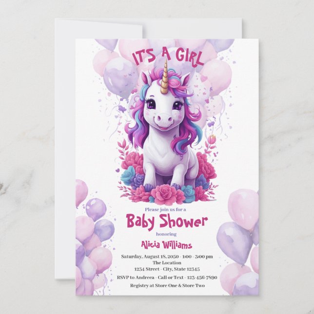 Invitation Unicorn rose et violet Baby shower (Devant)