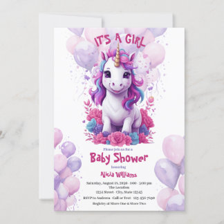 Invitation Unicorn rose et violet Baby shower
