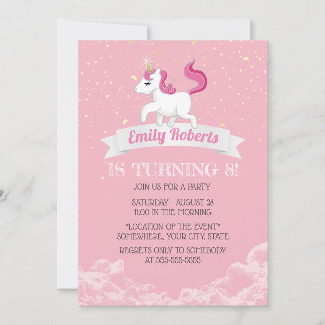 Invitation Unicorn rose fille fête d'anniversaire (Devant)