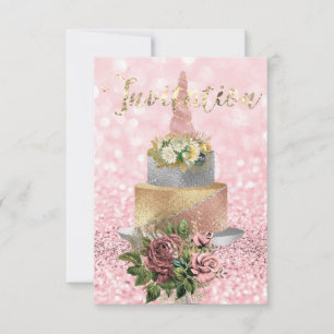 Invitation Unicorn Rose Gold Floral Cake Pink Flower Parties 