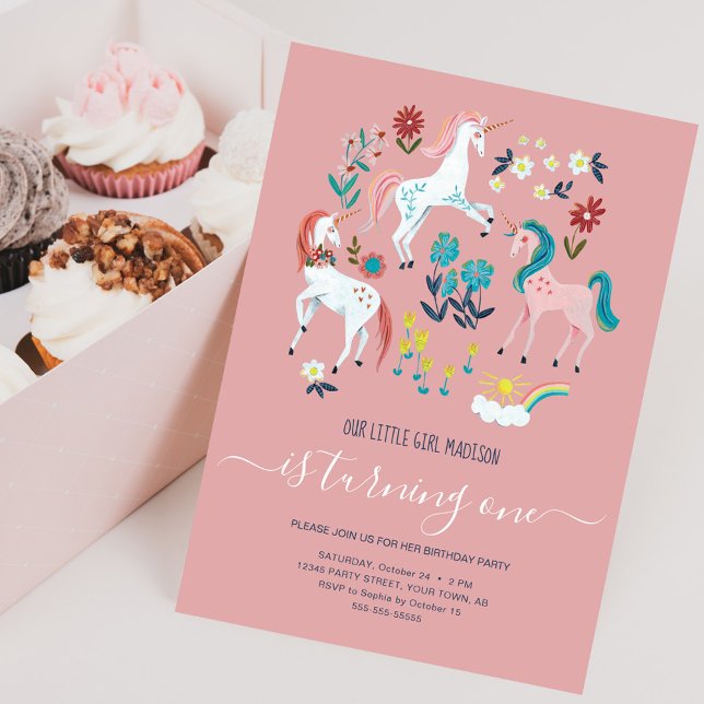 Invitation Unicorn rose mignon filles magiques premier annive (Unicorn pink birthday party invitation)