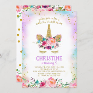 Invitation Unicorn rose or belle florale fête d'anniversaire